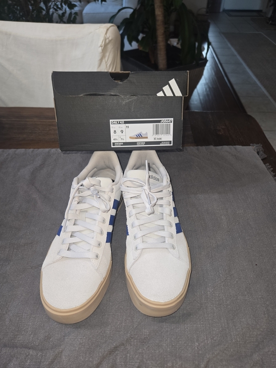 adidas Shoes - Adidas Suede White Sneakers with Blue Stripes and Gum Sole Unisex Size M8 W10